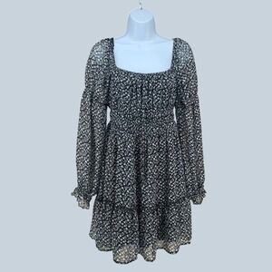 Altard State Floral Print Square Neck Smocked Puff Sleeve Tiered Dress